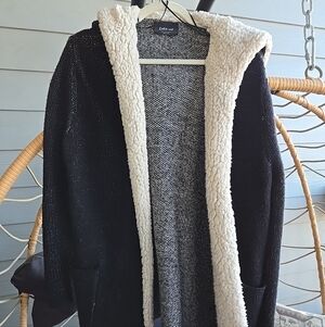 Zara Black And Cream Teddy Jacket Size Small Hooded.